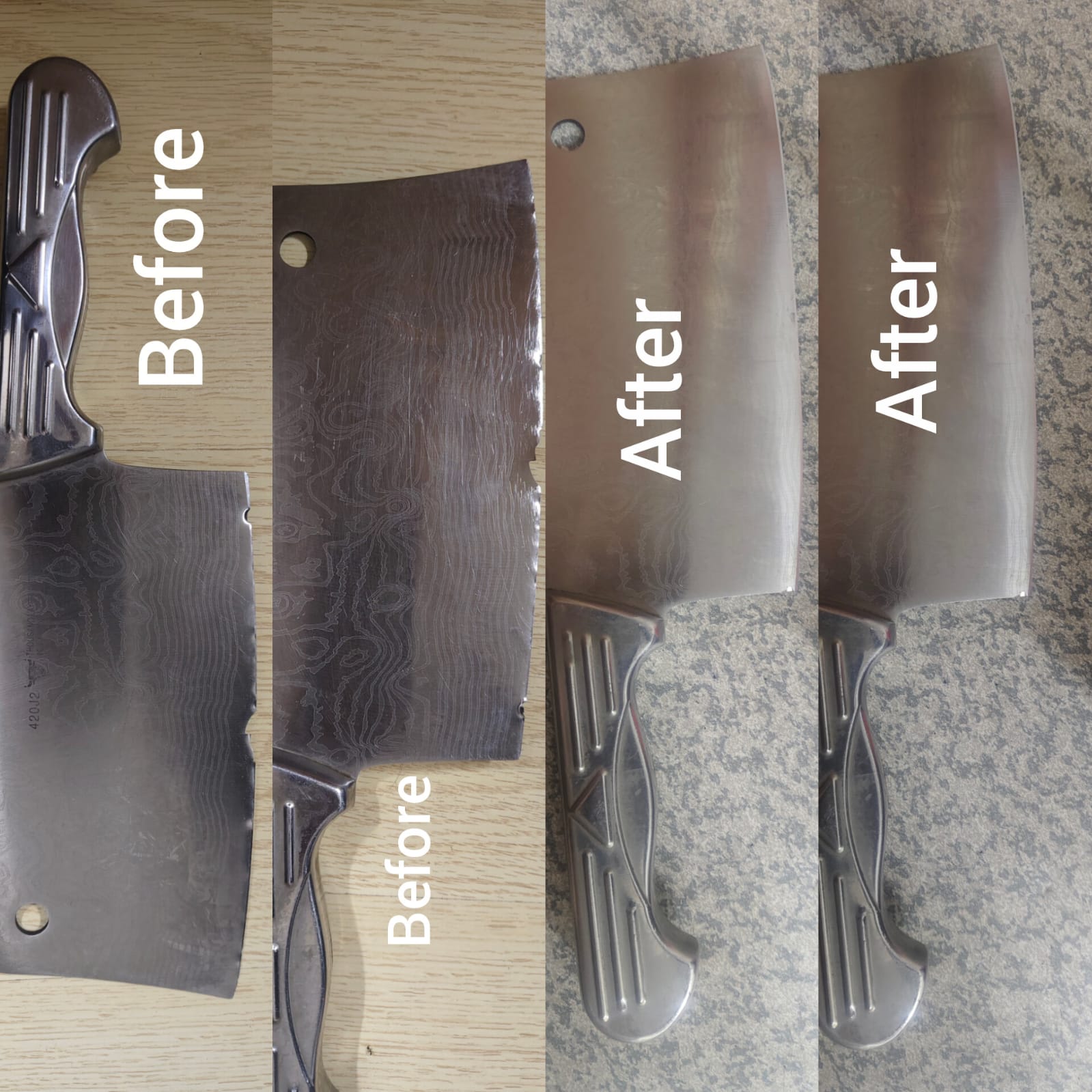 Before and after knife sharpening comparison — dull blade restored to razor-sharp edge